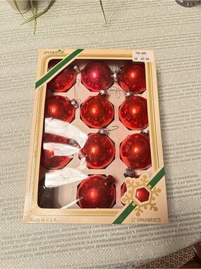 Vintage Pyramid Red Glass Ball Christmas Ornaments Set 11 USA Box